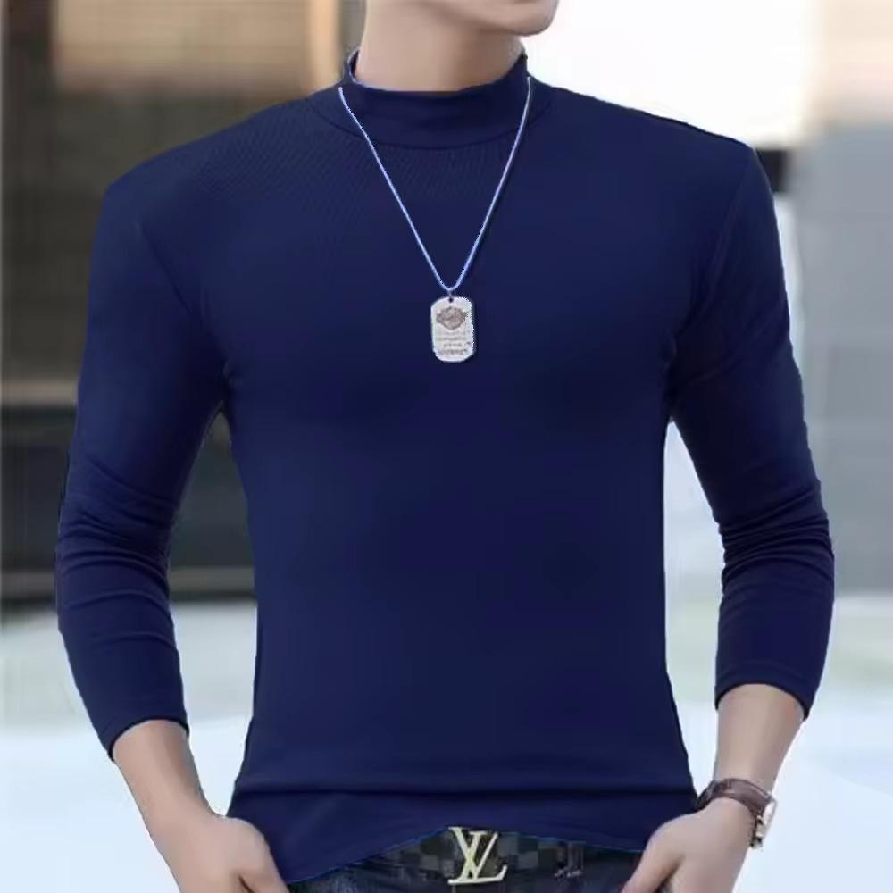 King Billion Herfst Winter Heren Mock Neck Lange Mouw Slim Fit Effen Kleur Hoge Elasticiteit Basis Onderpullover Mannelijke Top S marineblauwe kleur