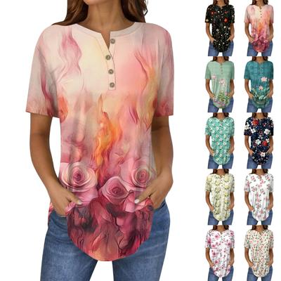 Short Sleeve Womens Tops Summer T-Shirts Floral Print V Neck Casual Basic Tee Button Shirts Tunic Tops