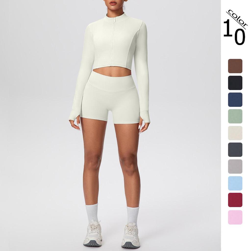 Women's High-Waisted Yoga Set: Short Zipper Jacket & Hip-Lifting Shorts