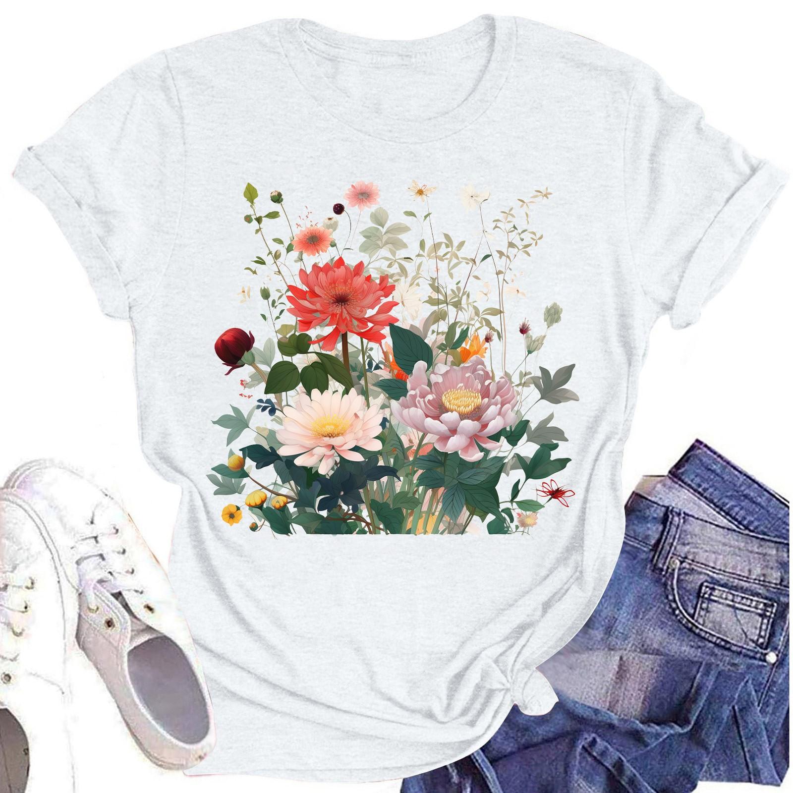 

Женская повседневная футболка с круглым вырезом и цветочным принтом, короткий рукав XL белый