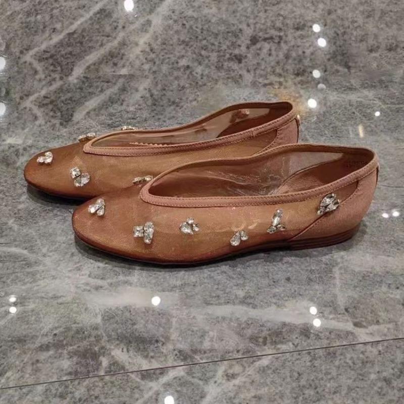 Mode Vintage Strass Vierkante Neus Lage Enkele Schoenen Dames Zomer 2025 Nieuw Niche Design Antislip Platte Ballerina's