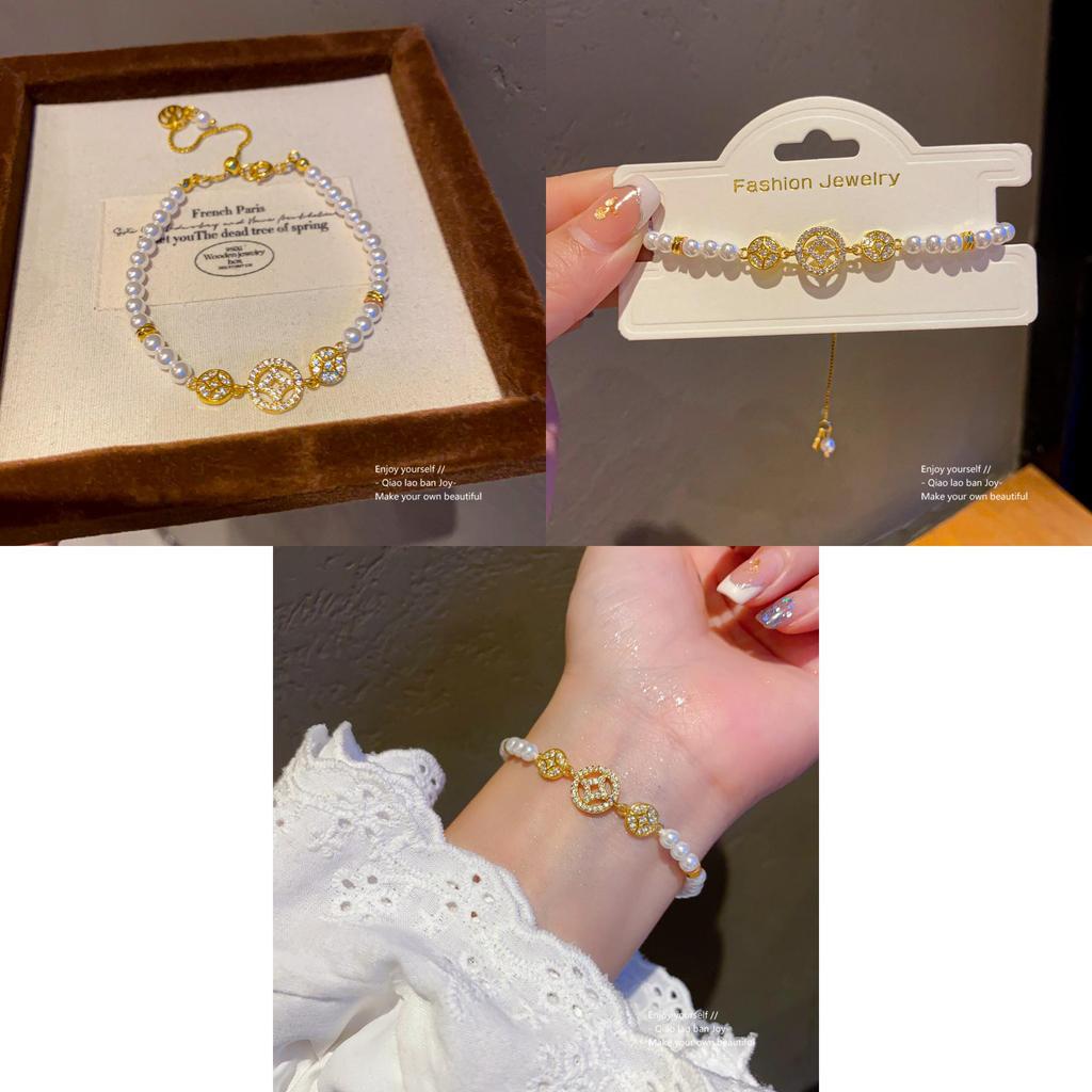 Light Luxury Gold Plated Zircon Copper Coin Pearl Bracelet For Women Gift