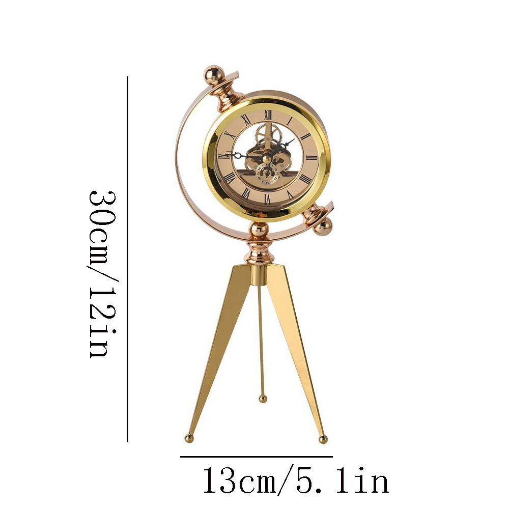 

Luxury Golden Mechanical Globe Clock 12in High Vintage Metal Tripod Desk Clock with Visible Moving Gears Home Office Decor
