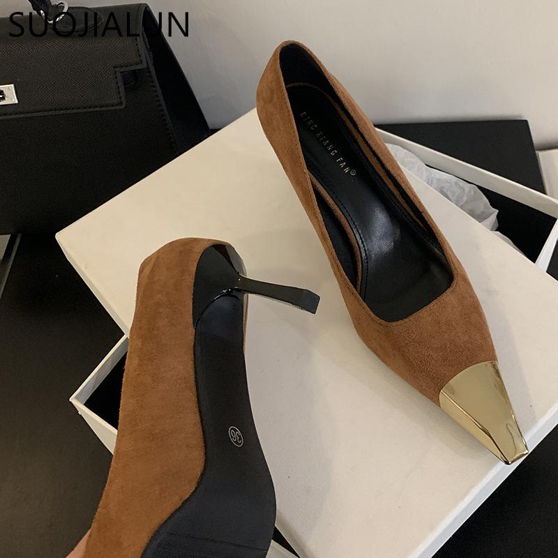 Fashion SUOJIALUN Brand Women Pumps Shoes Fashion Mix Color Ladies Elegant Boat Shoes Pointed Toe Shallow Slip On Thin High Heel Single