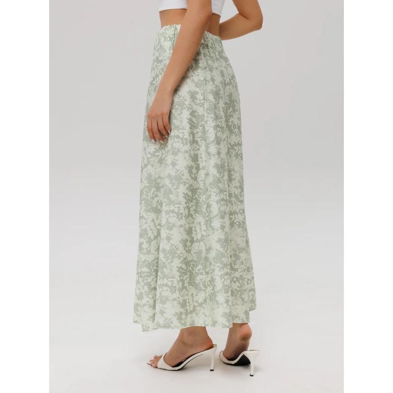 Damen Midi-Rock mit Print, Elastischer High-Waist Fließender A-Linien-Rock