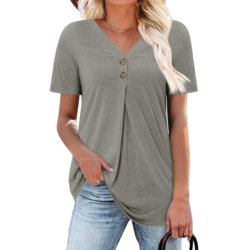 Women's Fashion Casual Short Sleeve Buttoned V-Neck T-Shirt Top