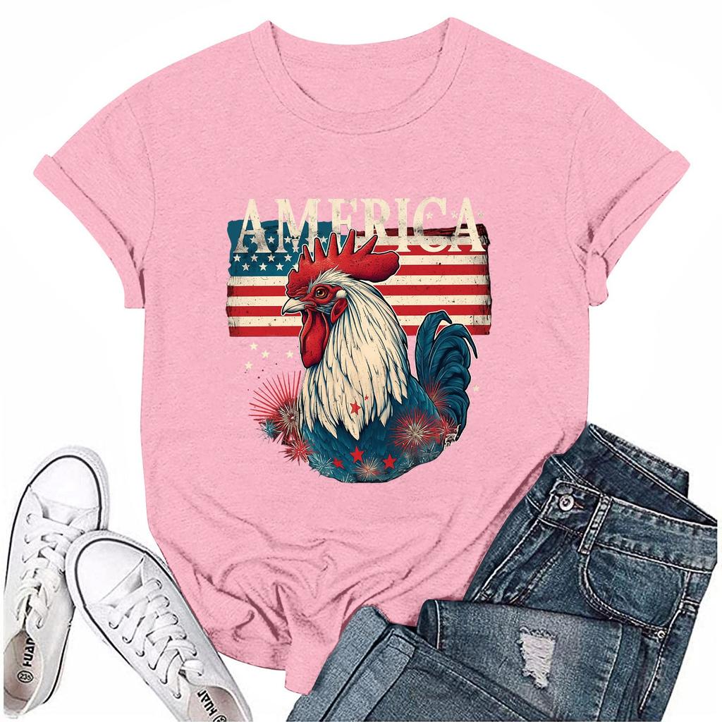 Women's Round Neck Casual Independence Day Printed Short Sleeve T-Shirt Top