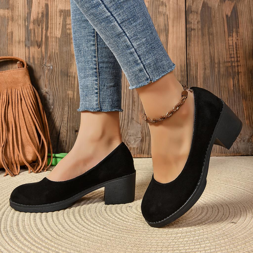 High Quality Spring and Autumn Women's Shoes Fashionable Round Toe Shallow Mouth Medium Heel Suede Slip-On Women's High Heels