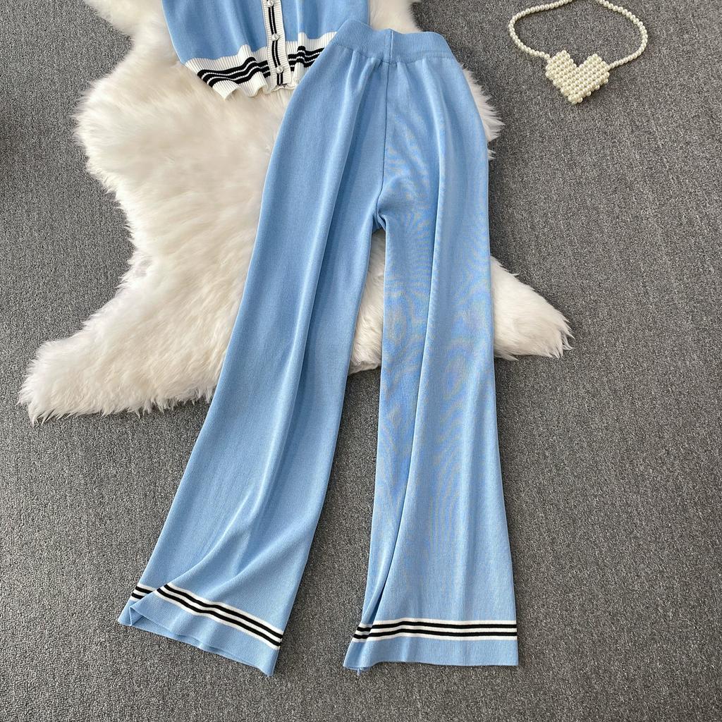 Summer Women Knitted Sweater Suit Short Sleeve Single Breasted Cardigan Top and Ankle Length Pant Two Piece Set For College Girl