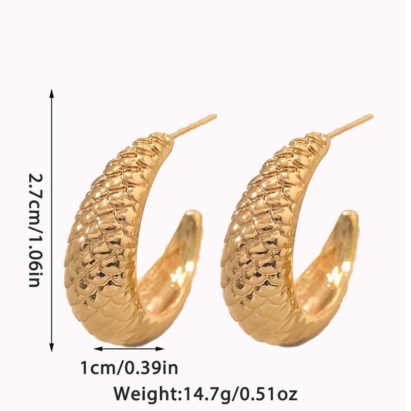 Vintage Metal C-Shaped Textured Hoop Earrings for Women Punk Geometric Fish Scale Personality Earrings Party Jewelry New 2025