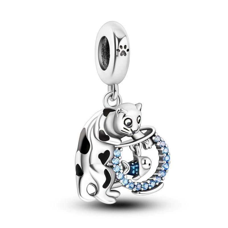New 925 Silver Cute Cat Dog Charm Heart Pendant Beads Fit Bracelet DIY Women Jewelry Fine Gift