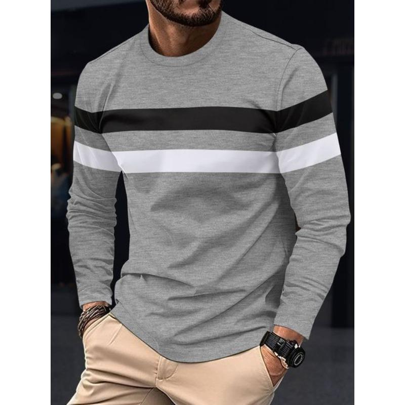 New Spring and Autumn Men's Long Sleeve T-shirt Round Neck Bottom Top Color Blocked Versatile Slim Fit Comfortable