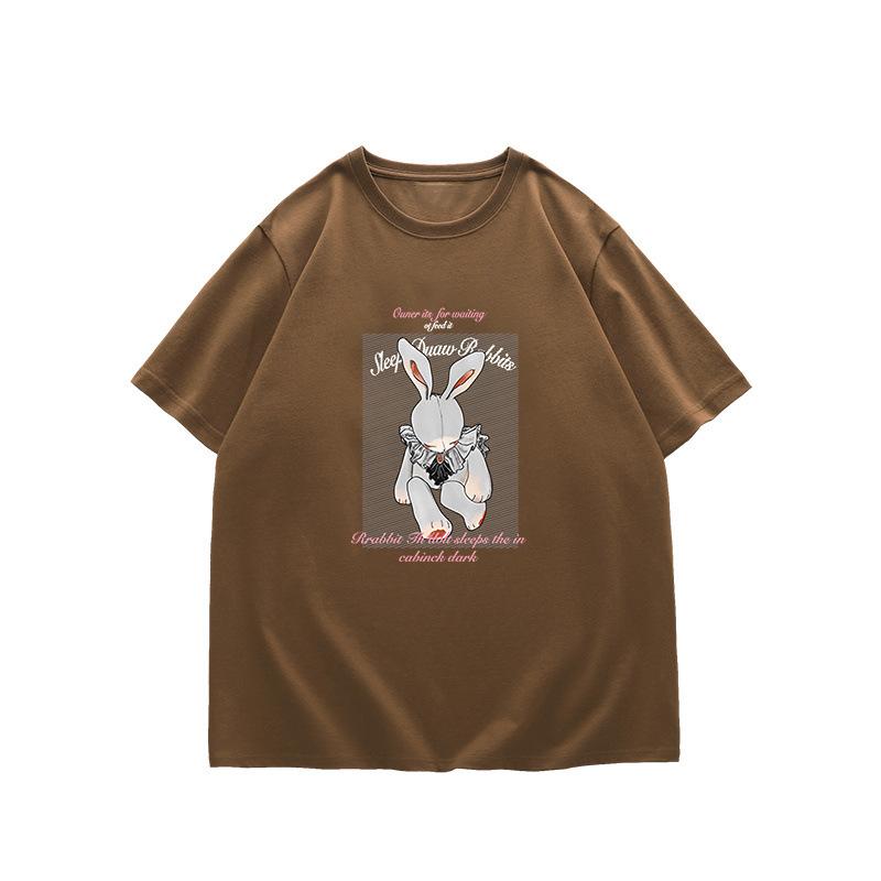 American retro rabbit necklace pure cotton short-sleeved t-shirt women's 2025 summer new loose street trendy top