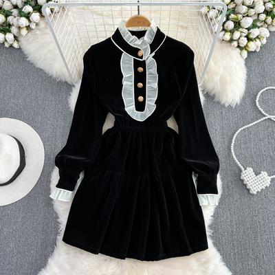 Herbst Winter Vintage Gericht Stil Hepburn Stehkragen Holzbesatz Spleißen Samt Kleid Frauen Weihnachten Rüschen Mini schwarze Kleider