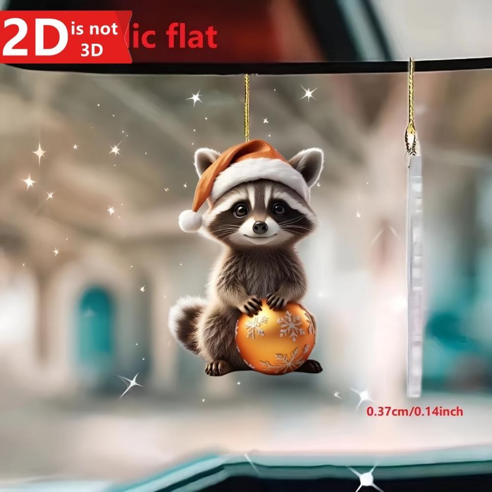2D Christmas Raccoon Pendant with Hat for Bags and Car Interiors. A Uniquely Charming Festive Decor.