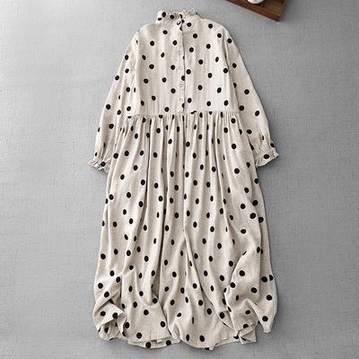 Vestido de algodão e linho de manga comprida com bolinhas retrô para mulheres, novo para o outono, vestido longo com gola de renda de bolinhas pequenas