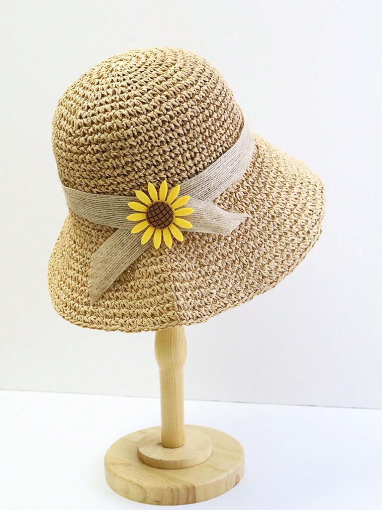 Summer UV Protection Holiday Beach Flower Design Straw Hat Women's Straw Crochet Bohemian Foldable Panama Sun Hat