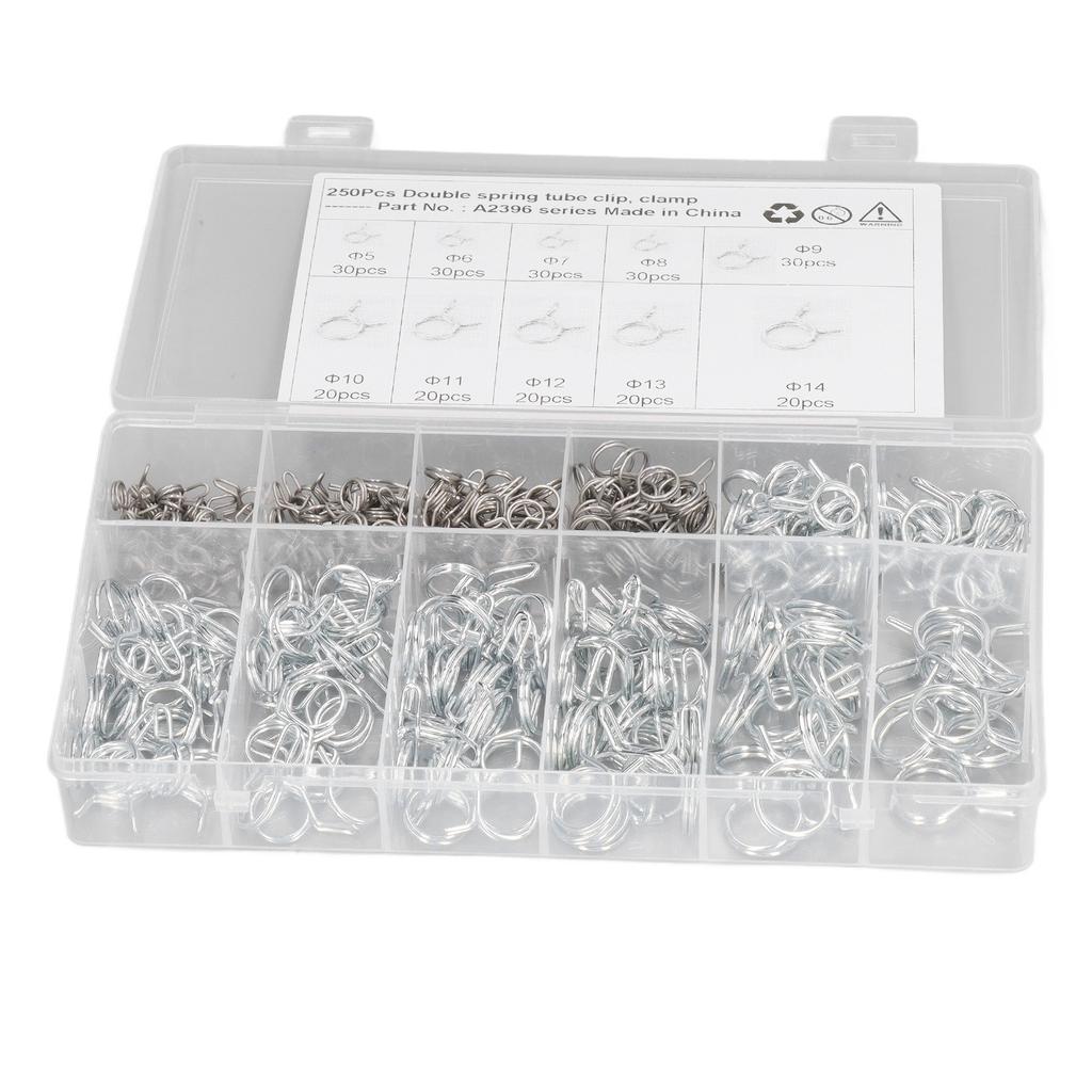 250PCS Double Wire Irrigation Hose Clamp Blue White Zinc Corrosion Resistance Hose Tube Spring Clips with Storage Box