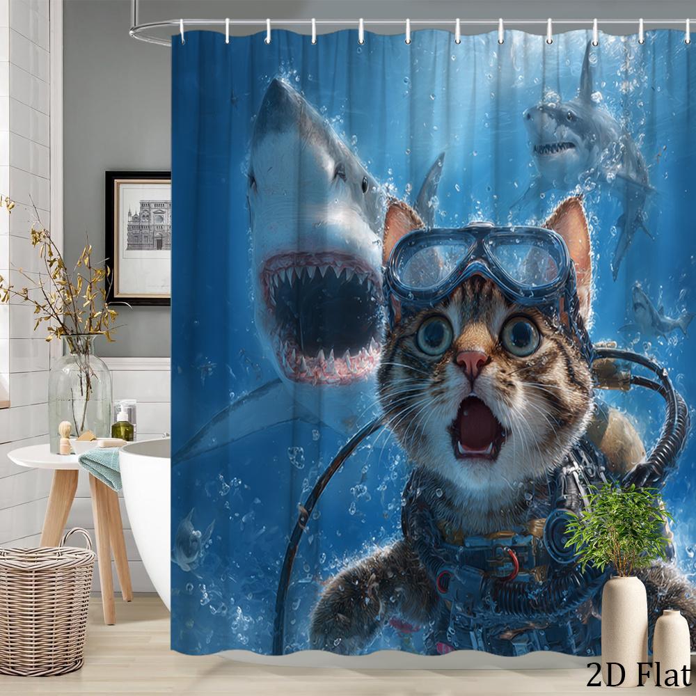 

2D Flat Ocean Adventure Shower Curtain Funny Cat And Shark Diving Design Unique Underwater Theme Bathroom Decor With Hooks W60H190(CM)-1 Pcs