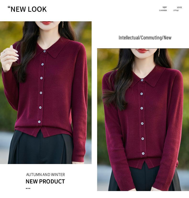 Women's Spring 2025 Lapel Cardigan Sweater - Knitwear Shirt Collar Base Layer or Outerwear Top