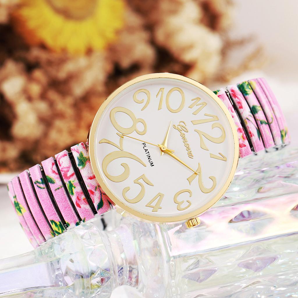 3pcs/set Women's Fashion Personalized Printed Elastic Band Trendy Casual Digital Dial Quartz Watch Combination Set No Box