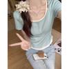 Fake Two Contrasting Colors U-neck Button-down Short-sleeved T-shirt Women's Summer New Design Korean Slim-fitting and Thin Top