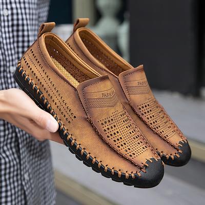 Men Loafers Brown Hiking Shoes Slip On Handmade Driving Shoes Casual Leather Wide Outdoor Summer Shoes for Father Plus Size