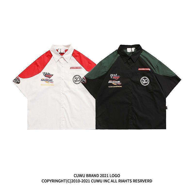 Men's American Retro Hiphop Street Racing Short-Sleeve Summer Shirt - Trendy, Motorcycle-Inspired, Loose, Thin Design