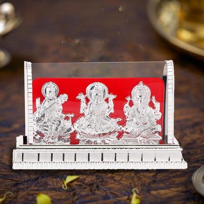 Idoli Acrilici Placcati Oro | Laxmi Ganesh Murti & Ma Saraswati | Articolo da Regalo per Decorazioni Domestiche | 12 cm Lunghezza, 6 cm Larghezza, 8 cm Altezza (Argento)