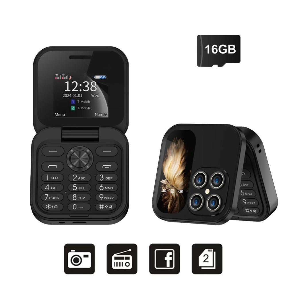 

Flip Мобільний телефон 2 SIM Standby Magic Voice FM Радіо Ліхтарик Чорний список 1,77 маленький квадратний складаний телефон with 16G TF Card чорний