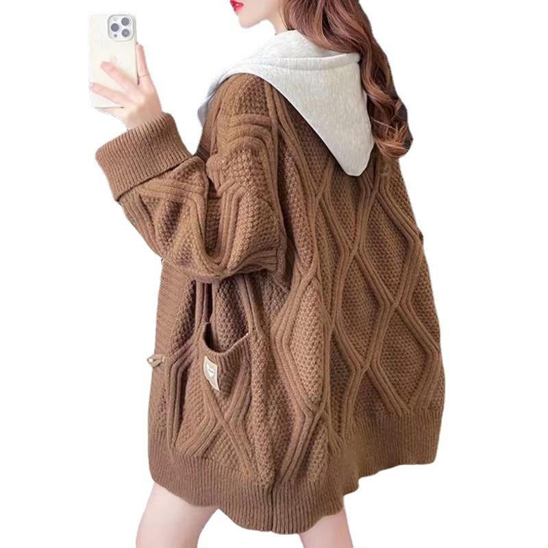 Hooded Fake Two-piece Cardigan Medium and Long New Autumn and Winter Wear Loose and Lazy Plus Size Knitted Sweater Jacket Sweater Women