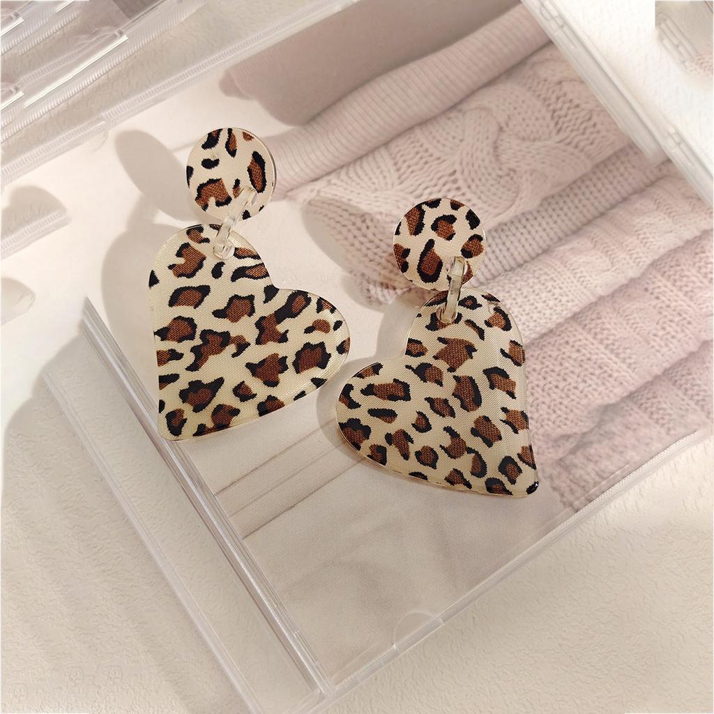 Akrylové náušnice s potiskem leopardí kůže a motivem srdce, Hong Kong styl, Maillard styl, Lehký luxus, Jednoduché, Módní, Univerzální náušnice