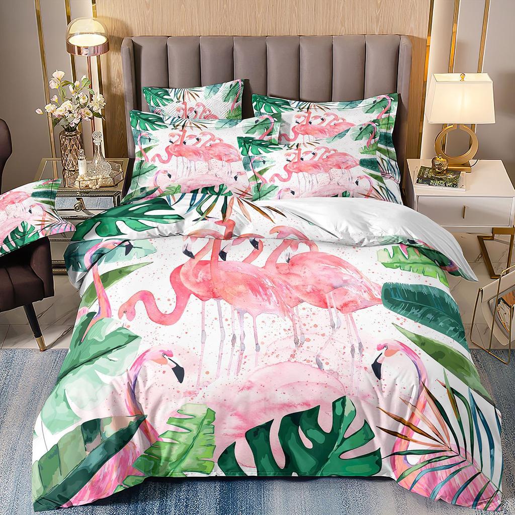 Flamingo Three-Piece 3D Printed Parrot Toucan And Tropical Flower Quilt Cover Pillowcase Bedding