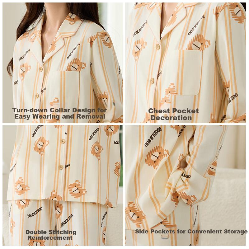 MiiOW Spring Autumn Pure Cotton Skin-Friendly Lapel Cardigan Sleepwear Homewear Set Valentine' Day Gift for Girlfriend
