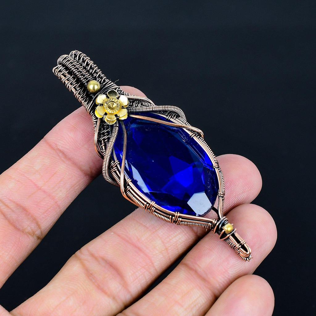 Blue Sapphire Pendant, Handmade Gemstone Pendant, 999 Copper Wire Wrapped Pendant Antique Jewelry, For Engagement Gift