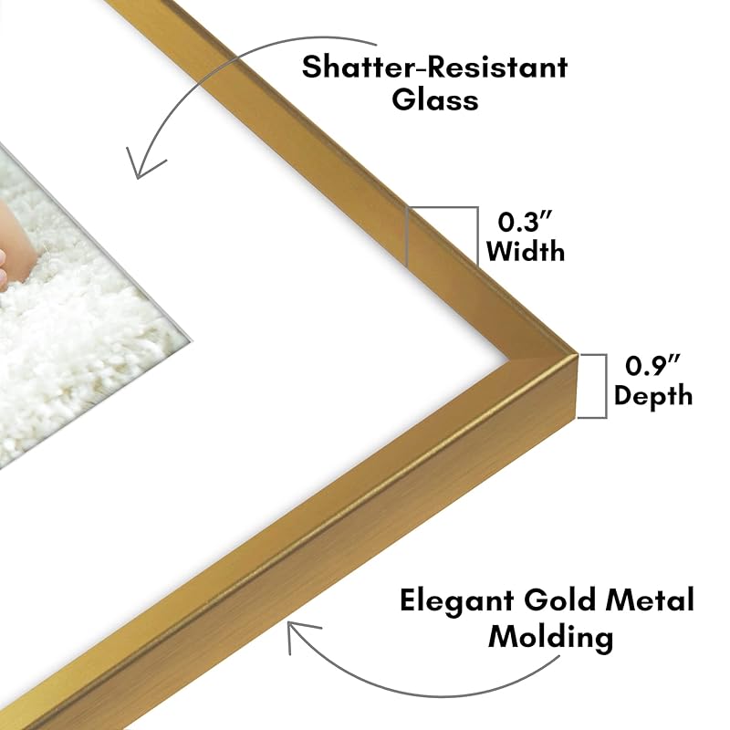 Americanflat Aluminum 8x10 Picture Frame in Gold - Use as 5x7 Picture Frame with Mat or 8x10 Frame Without Mat - Shatter 8x10 золотой