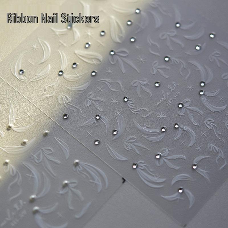 

Tomoni Ballet White Silk Ribbon 3D Relief Nail Stickers with Crystal Rhinestones and Pearls