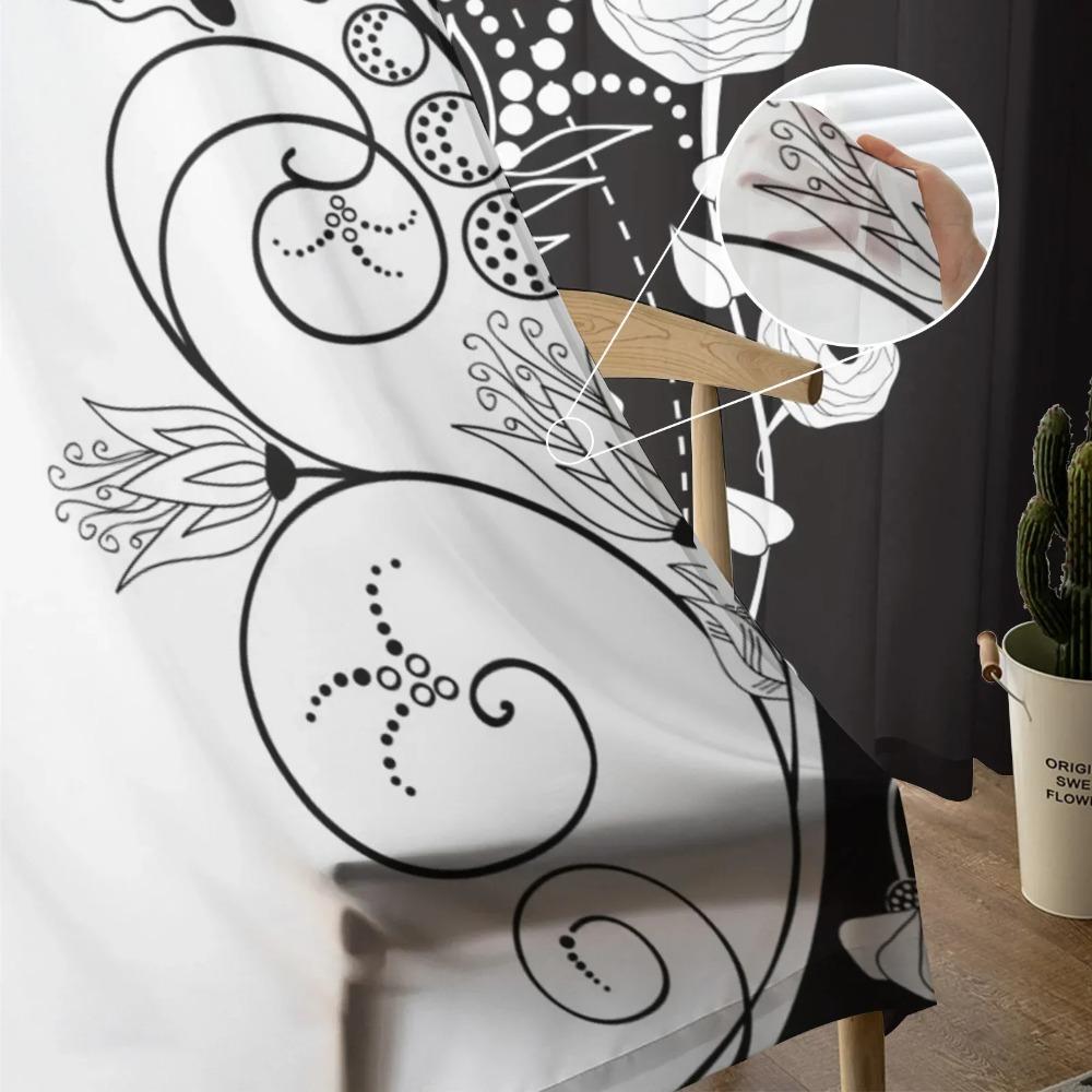 Schwarz-weißes Blumenmuster Tüll Fenstervorhänge Wohnzimmer Organza Sheer Voile Vorhang Schlafzimmer Küche Wohnkultur Drapieren