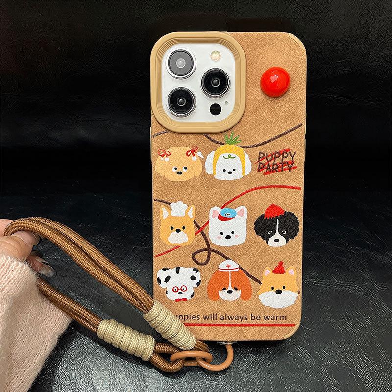 

Cute Dog Lanyard Soft Shell Suitable for IPhone16 Mobile Phone Case Apple 15 14 Protective Case 13 Large Hole Leather Apple 16