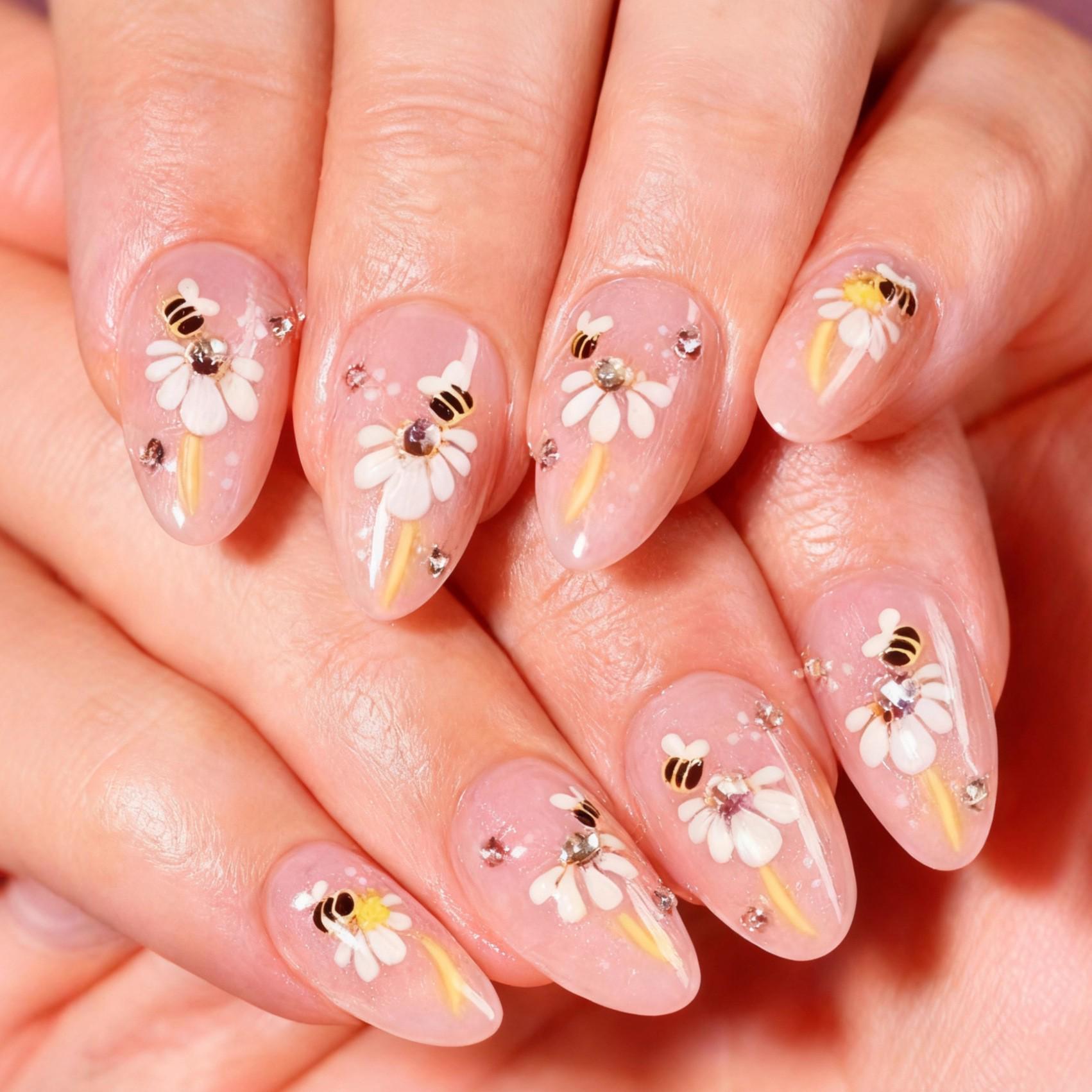 24pcs 3D Floral Rhinestone Gradient Almond Nails with French Tips & Little Bee Design