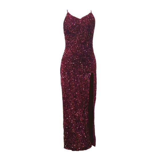 Women Evening Dress Shiny Sequin Deep V Neck Backless Sleeveless Adjustable Spaghetti Strap High Split