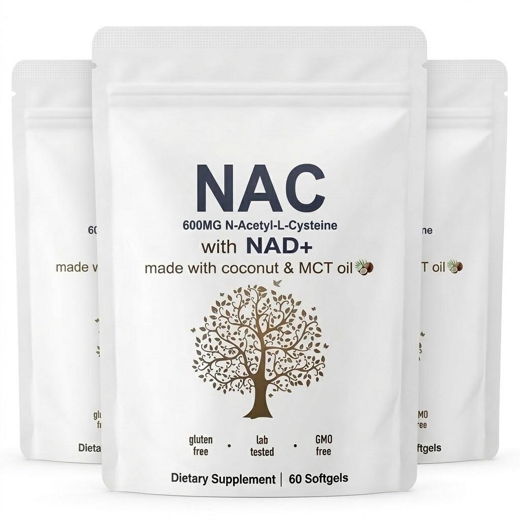 NAD+ a NAC 600 mg Buněčná energie a podpora zdraví jater s MCT a kokosovým olejem (60 měkkých gelů)