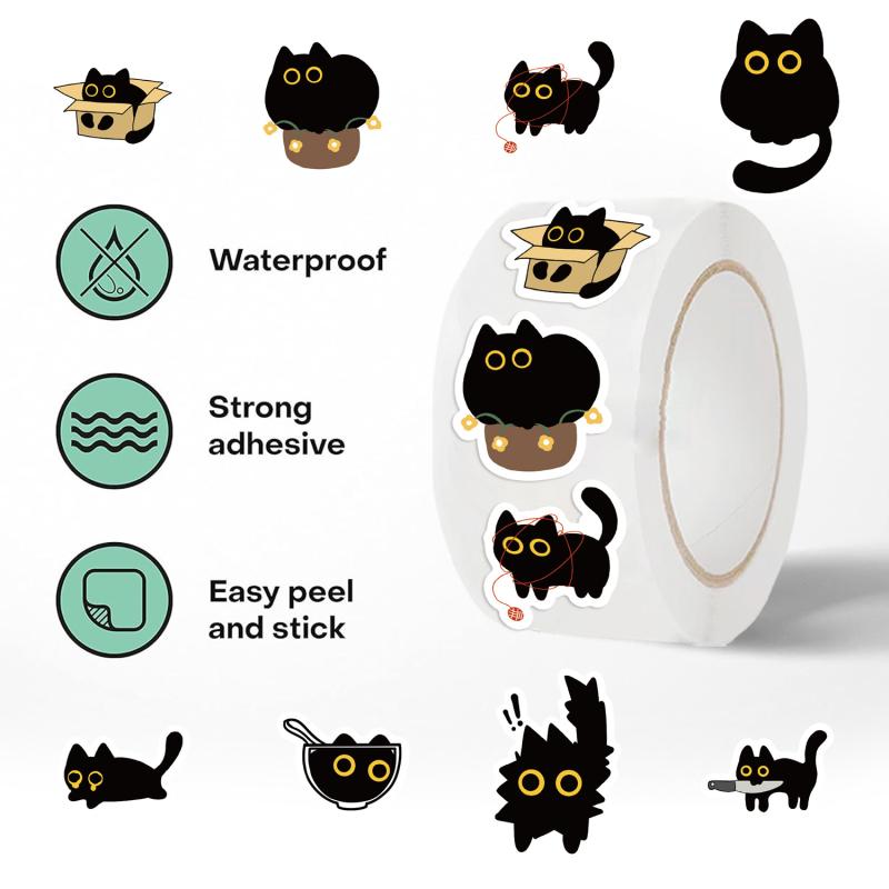 500Pcs Cute Black Cat Stickers Creative Diy Graffiti Stickers Phone Water Bottle Luggage Decals Children Reward Decor Stickers