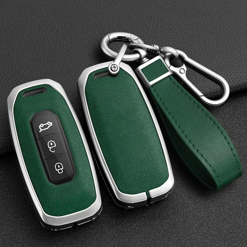 Zinc Alloy + Leather Car Key Case Cover For Ford Territory 2019 2020 2021 2022 2023 2024 3 Buttons Keyless Entry Key Protection