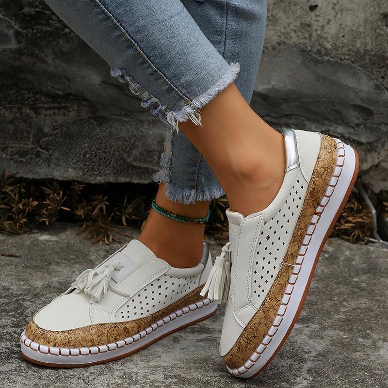 Neue Retro-Rundzehen-Elastik-Perforierte Atmungsaktive Einzelne Schuhe mit Lässigen Fransen und Flachen Sohlen