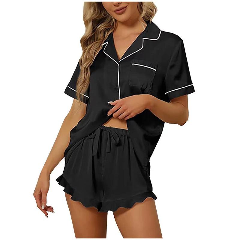 Summer Women's Pajama Set Satin Short Sleeve Lapel Tops with Shorts Sleepwear 2 Piece Loungewear Nightwear Home Clothes