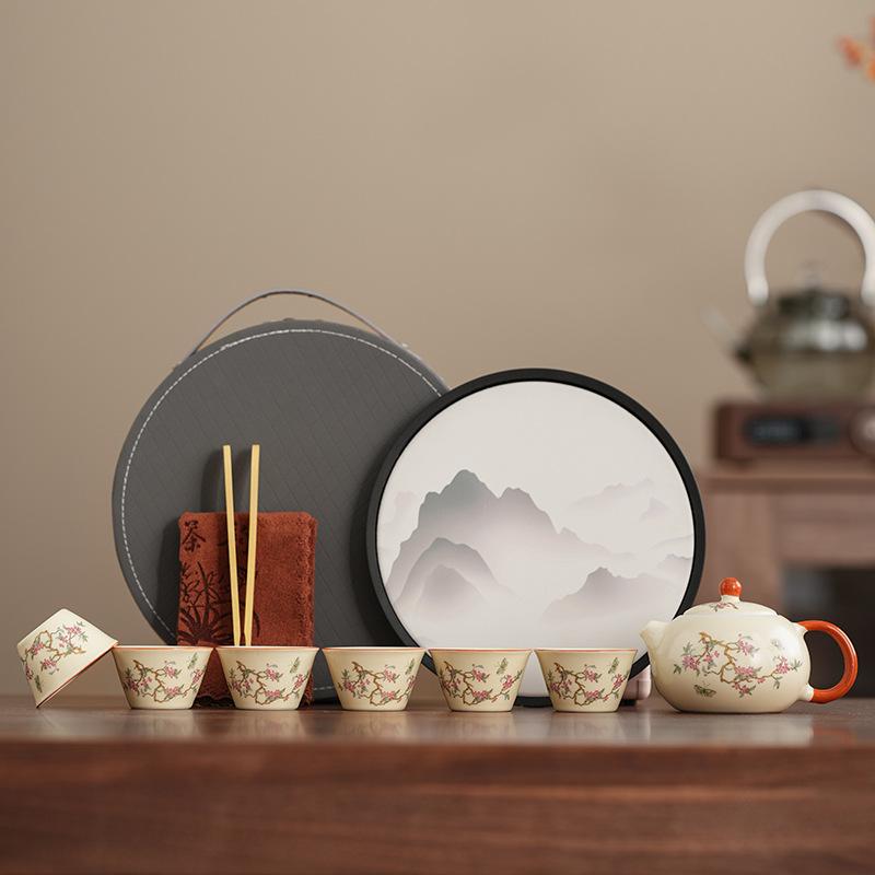 Premium light luxury gift set Ru kiln wisteria flower bubble teapot simple leather bag complete set of guest tea set
