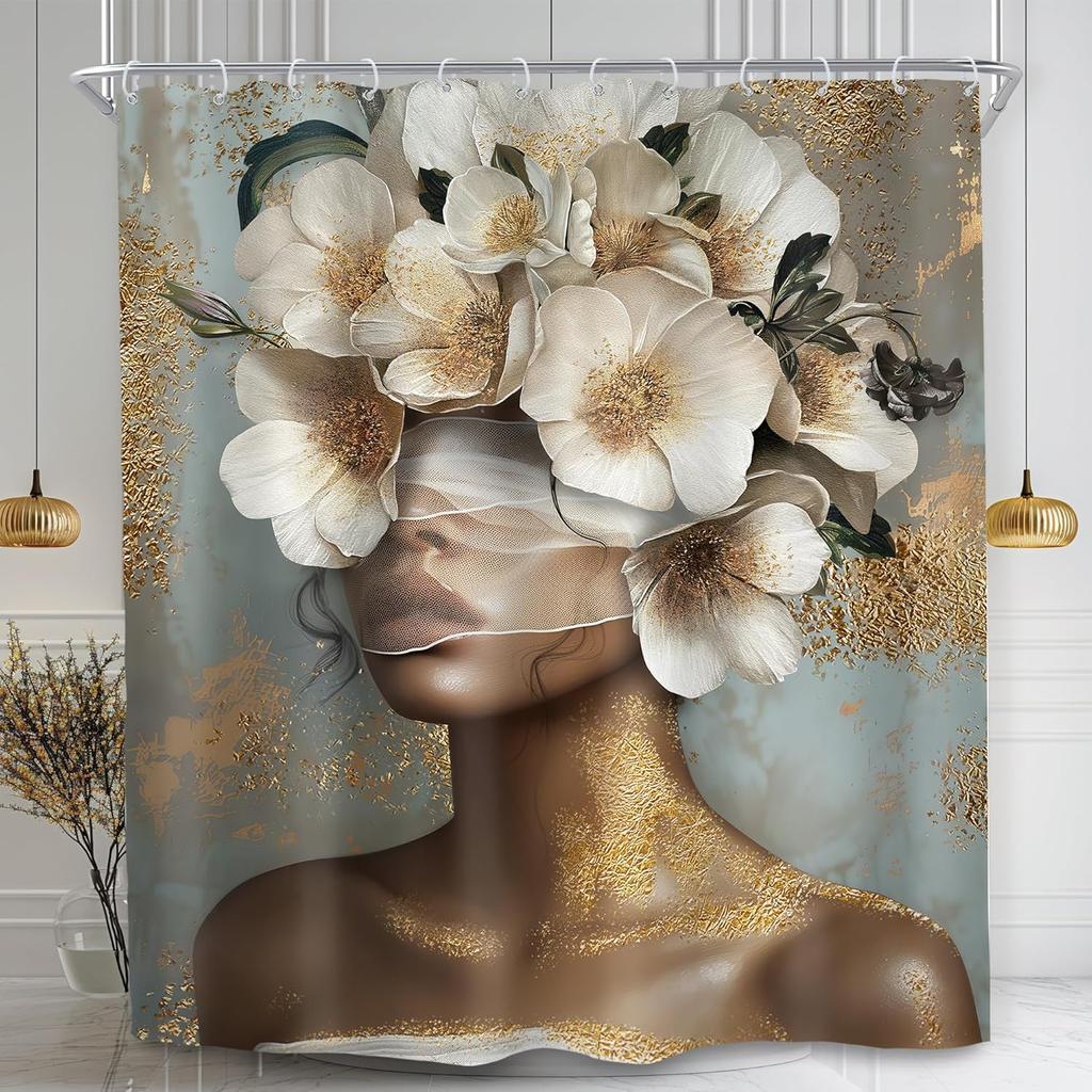 African American Shower Curtain, Black Gold Peony Floral, Modern Girly Quotes, Waterproof Polyester with Hooks