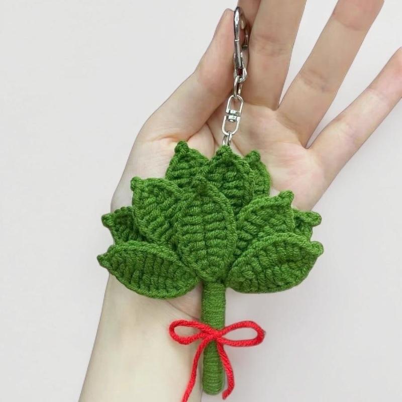 Hand-Crocheted Pomelo Leaf Keyring Diy Yarn Green Leaf Keychain For Dispelling Bad Luck Home Bedroom Decoration Birthday Gift