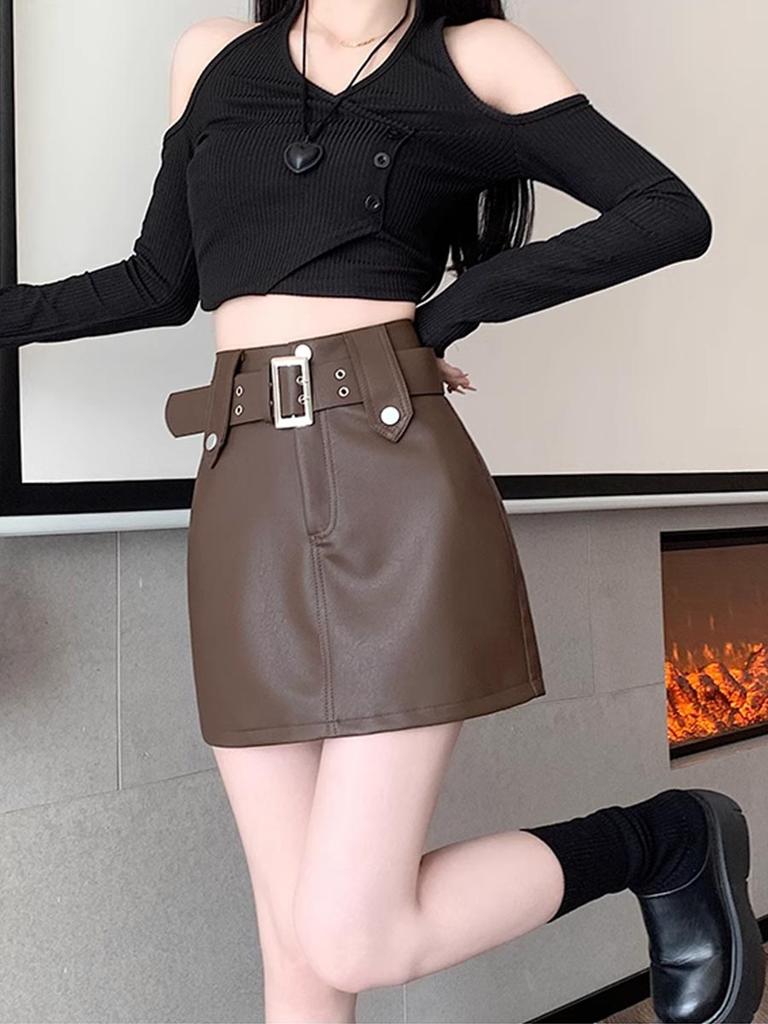Vintage Pu Leather Skirt for Women Spring Autumn High Waist A- Line Package Hip Shorts Skirt Y2k Korean Fashion Clothing
